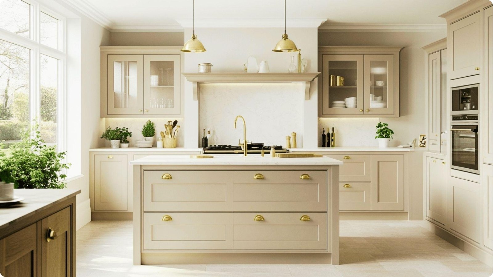 Light-filled farmhouse kitchen featuring greige wall paint and matching painted cabinets.