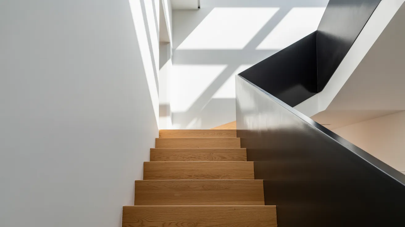 staircase with black railings and white walls creating strong contrast modern bold interior design with clean architectural structure.