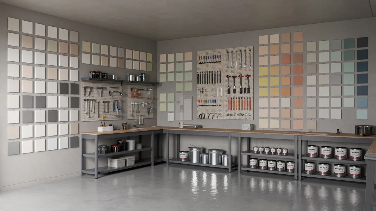 garage walls with paint sample panels demonstrating how lighting and usage affect color choice in a functional space.