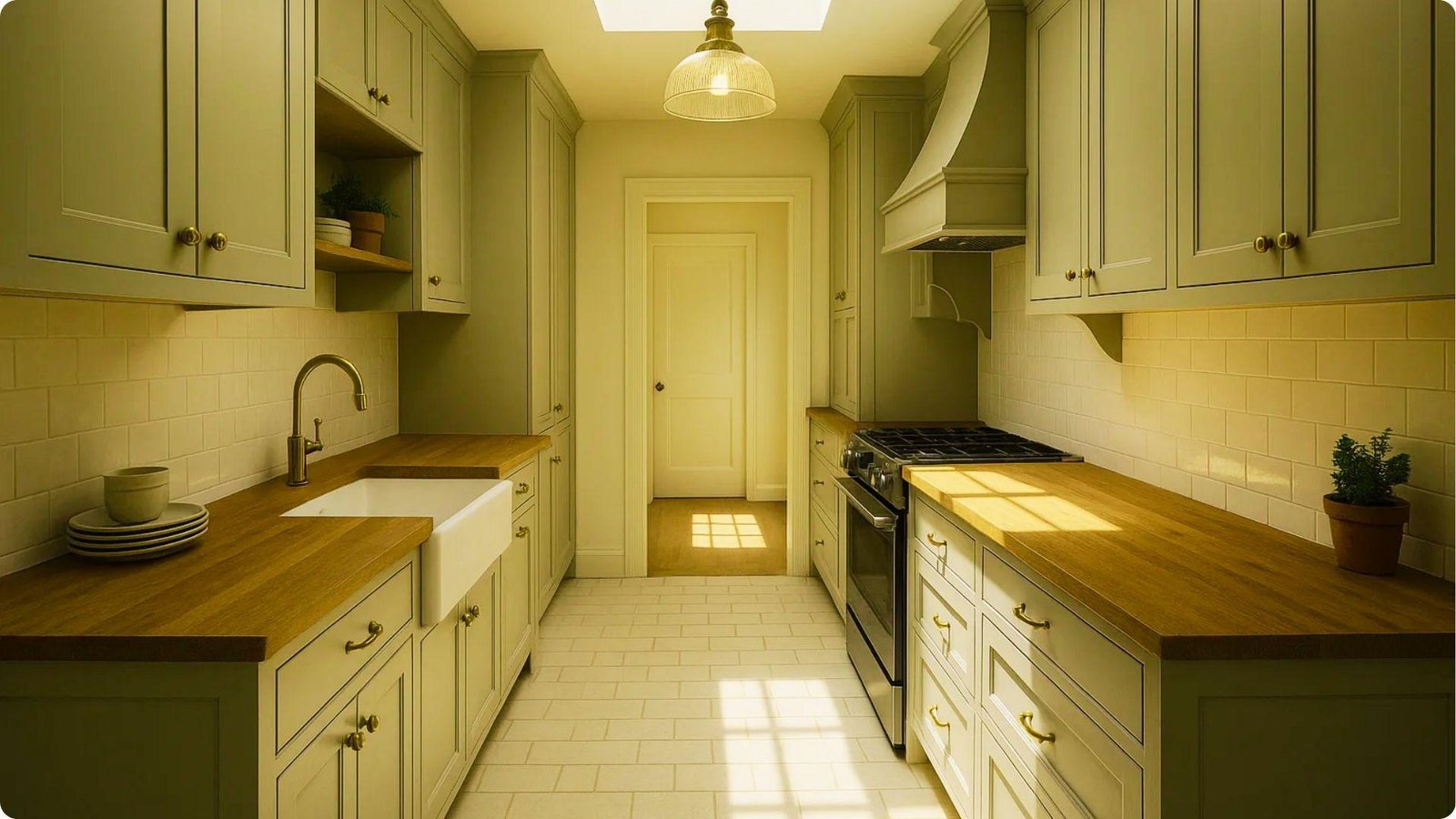 Cozy galley farmhouse kitchen with creamy putty-green cabinets, butcher block counters, and a farmhouse apron sink.