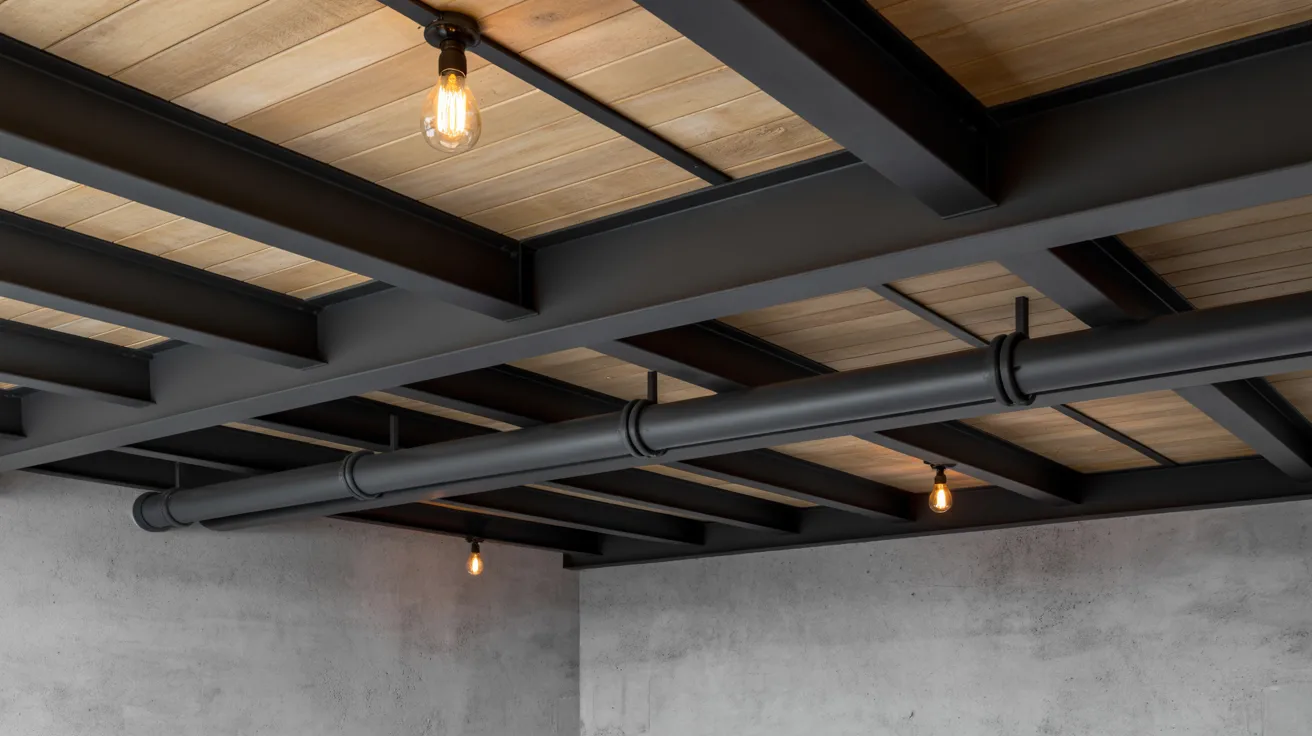Basement ceiling transformation with black paint covering exposed beams pipes showing industrial design trend evolution and style shift.
