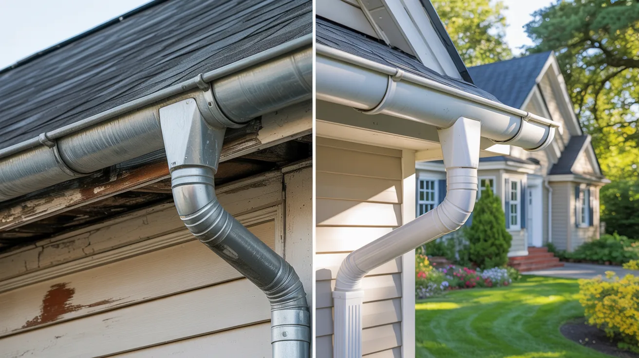 Comparison of faded old gutters and newly painted gutters showing improved home appearance protection and restored clean exterior finish.