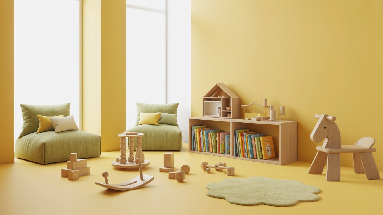 Playful room with butter yellow walls, sage green accents, and bright natural lighting.