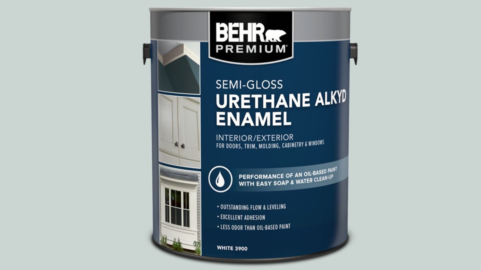 Behr Premium semi-gloss urethane alkyd enamel for interior exterior trim, doors, molding with easy soap water cleanup
