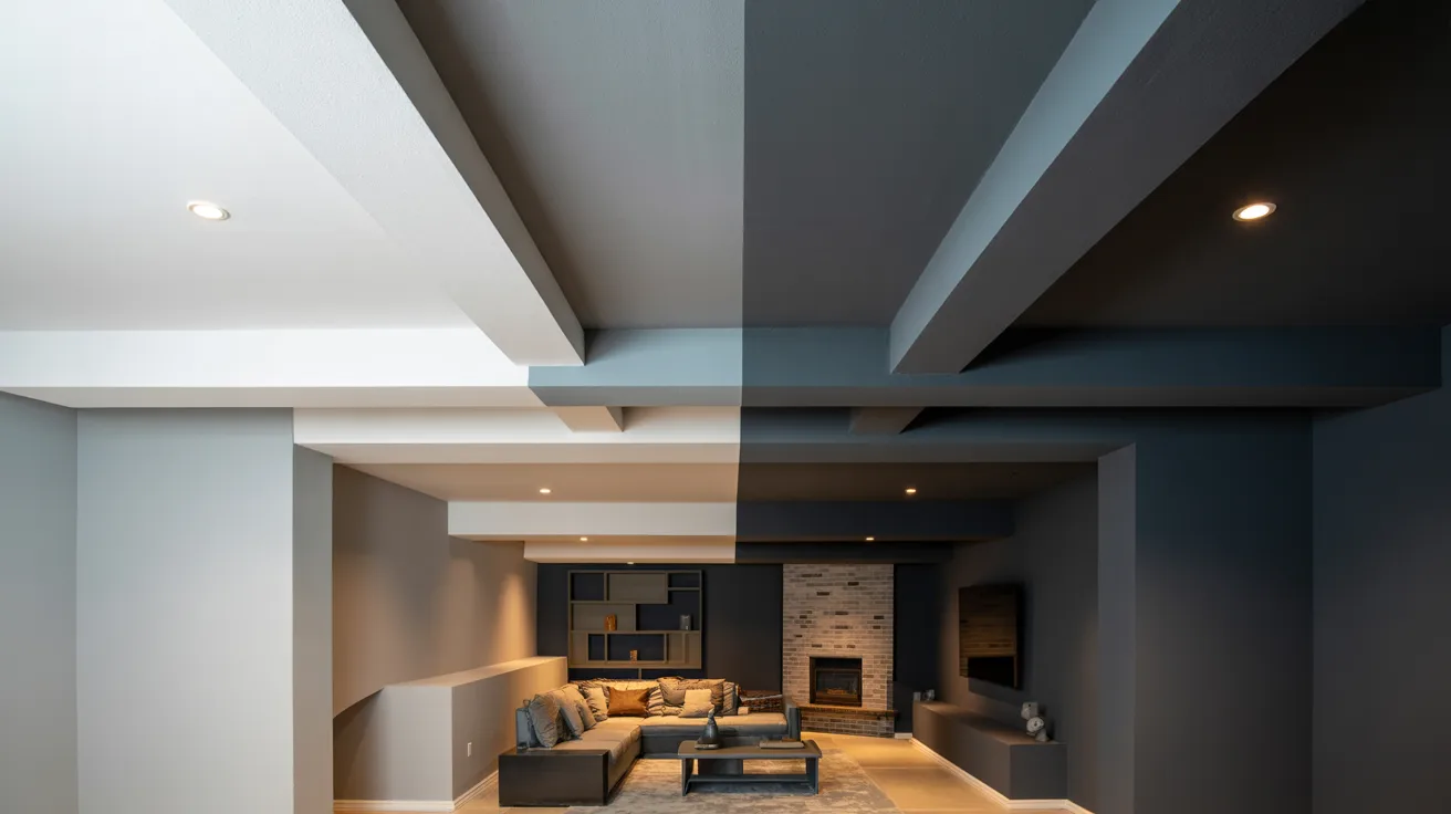 Basement interior showing white gray and dark ceiling colors demonstrating lighting mood and spatial perception changes clearly.