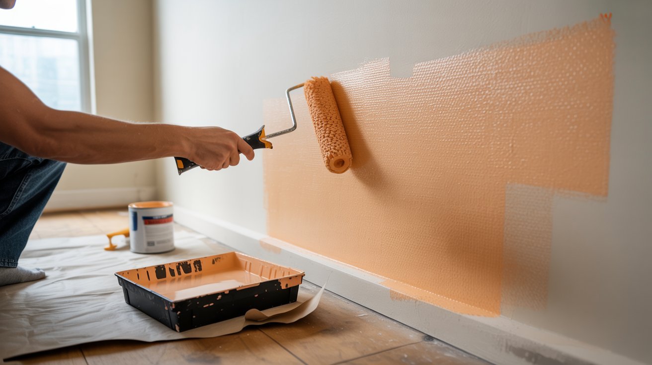 Roll on paint texture being applied to a wall.
