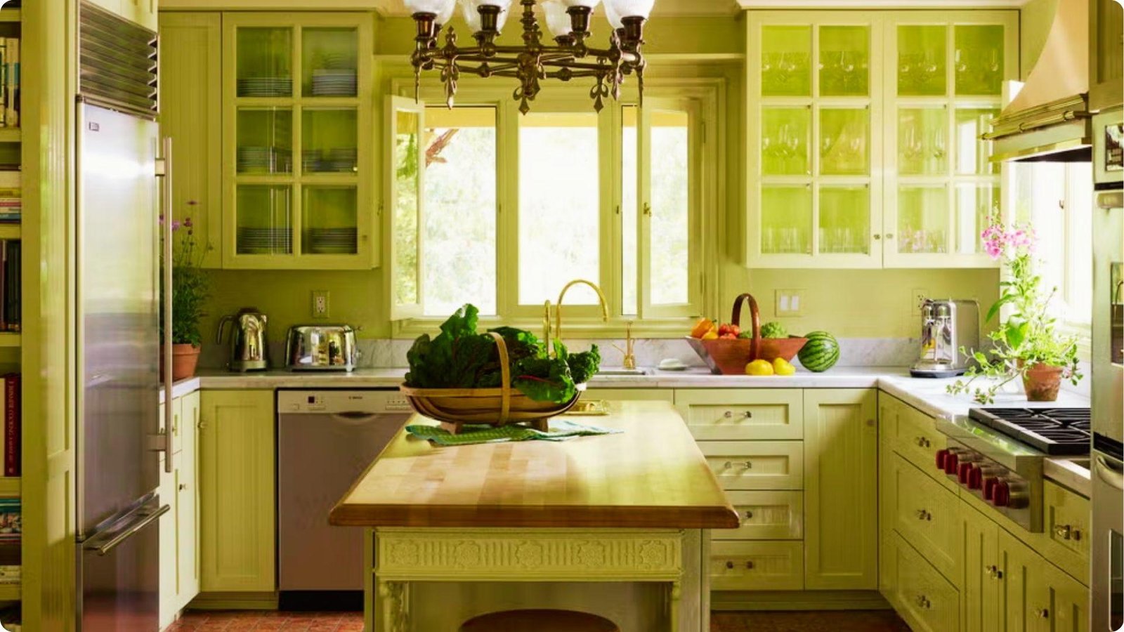 Sunlit farmhouse kitchen with lime green painted cabinets and glass fronts surrounding an oak butcher block island.