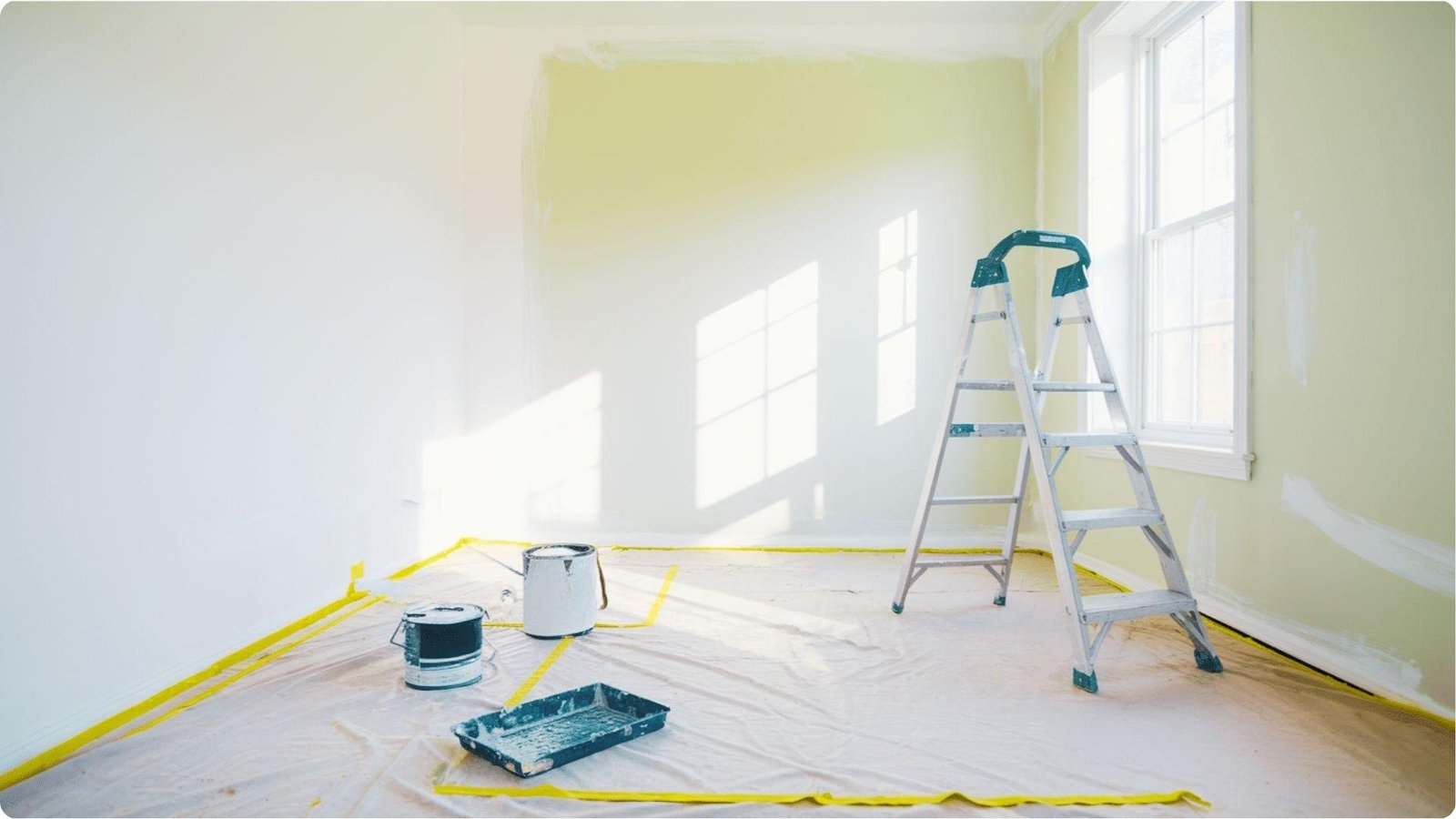 Empty room prepped for painting with drop cloth, painter's tape, ladder, and paint supplies.