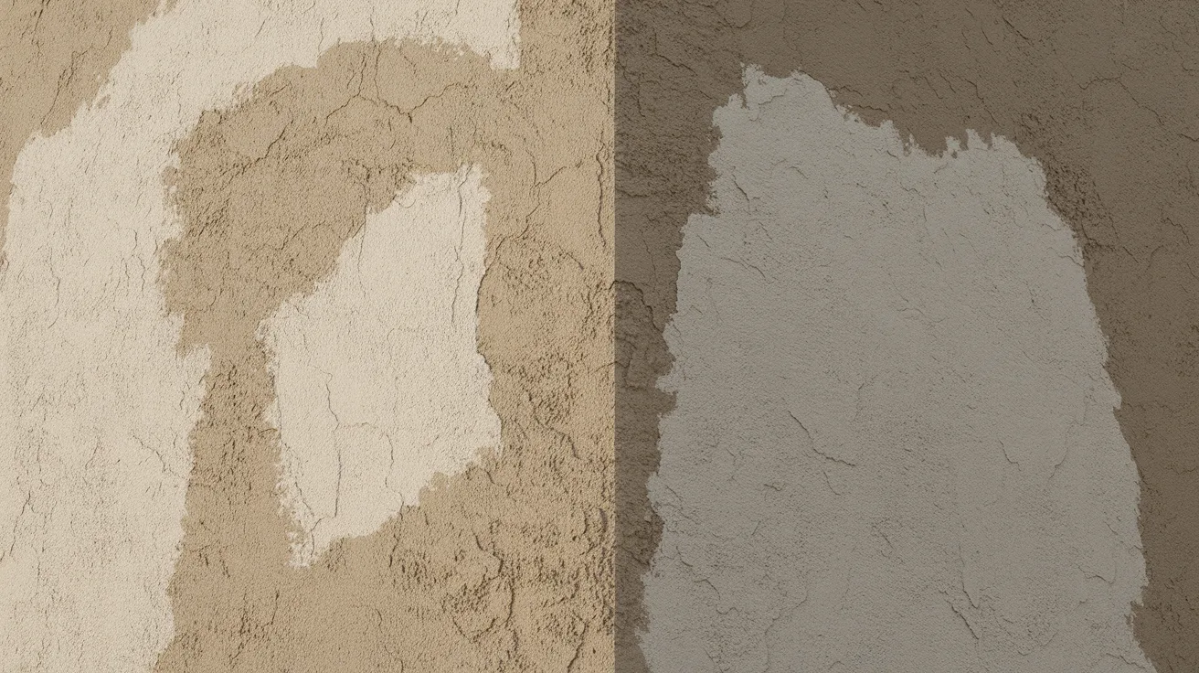 Stucco wall comparison showing bare porous surface versus painted protective finish on exterior home.