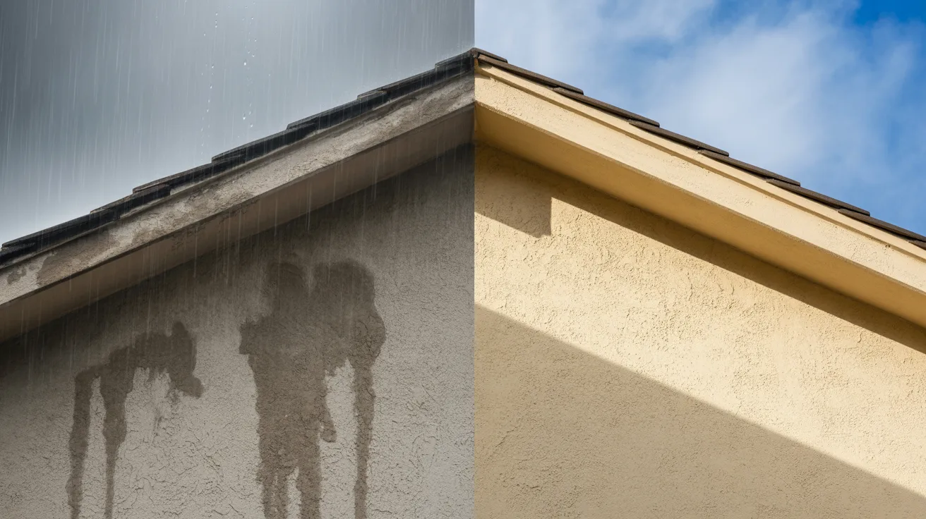 Stucco wall exposed to humid and dry climate conditions showing environmental impact on surface durability.