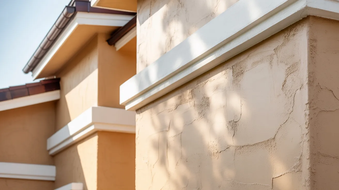 Realistic exterior stucco wall on home showing texture condition and maintenance state under natural daylight.