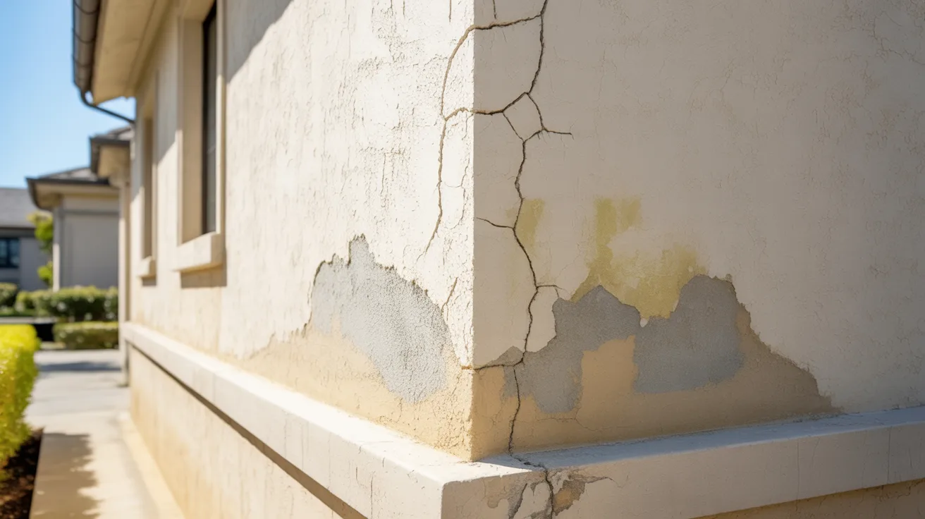 Stucco exterior showing cracks, stains and surface damage indicating need for repainting maintenance.
