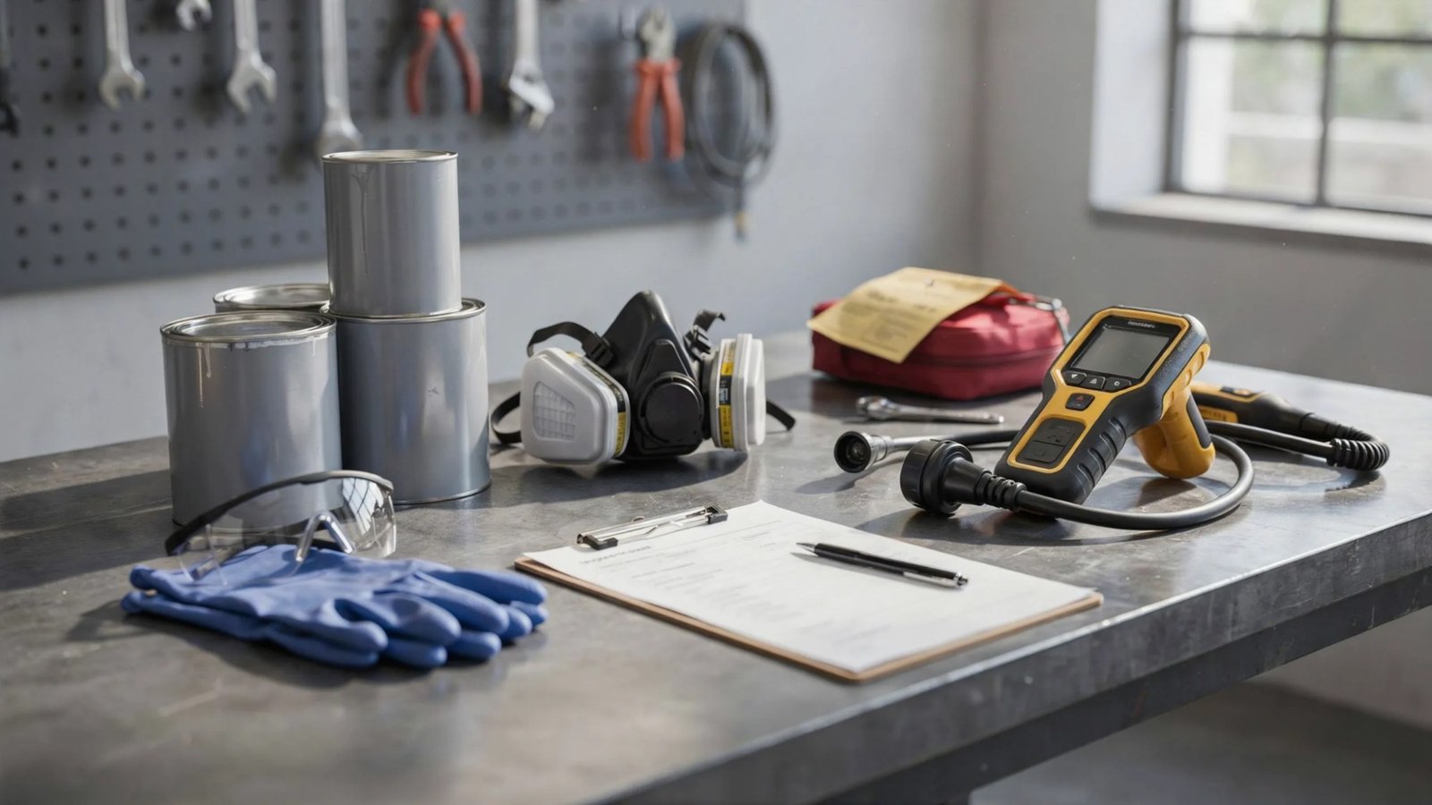 Professional safety assessment equipment and emergency response tools in a controlled workspace.