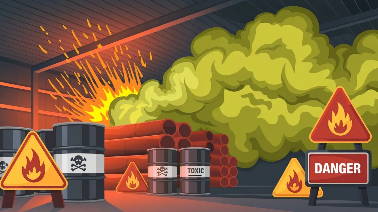 Hazard scene showing fire and health risks from flammable paint.