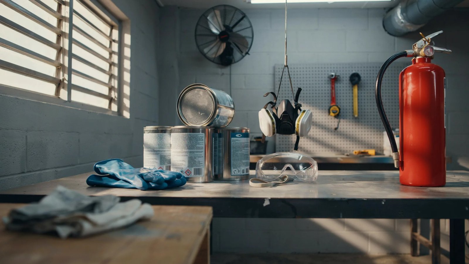 Paint safety equipment and emergency preparedness supplies arranged in a secure workspace.