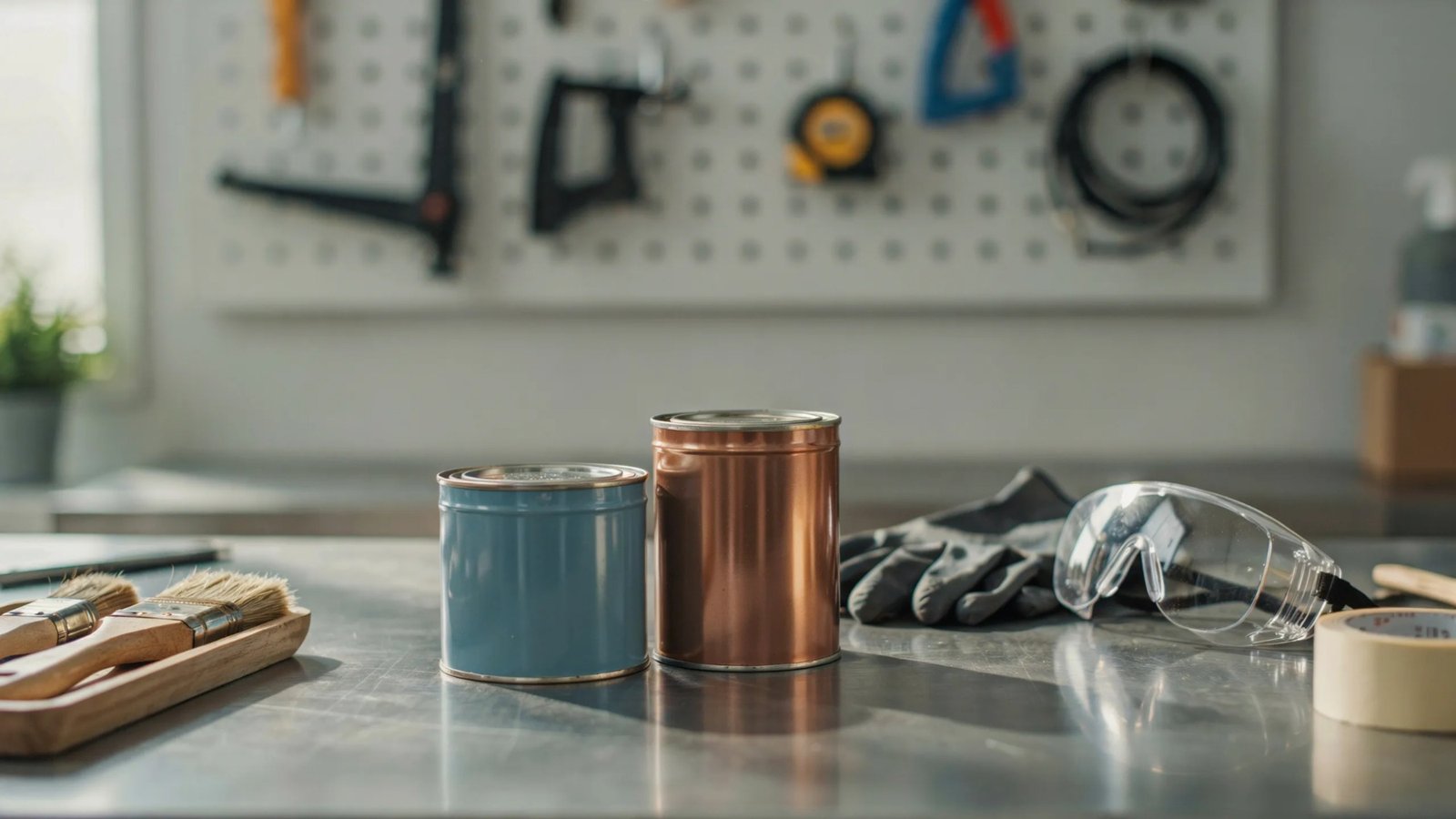 Paint cans and safety equipment illustrating paint flammability and fire safety.