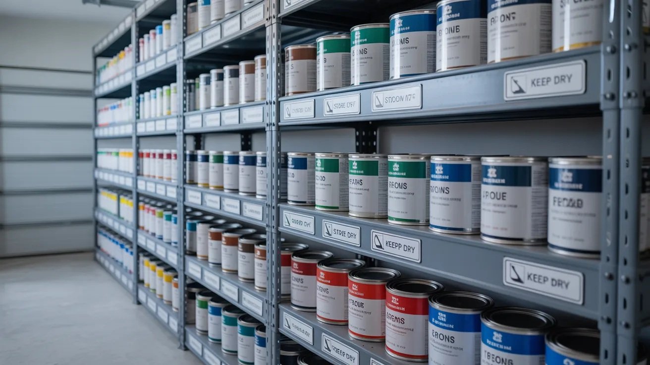 Proper paint storage setup in a cool and safe organized space.