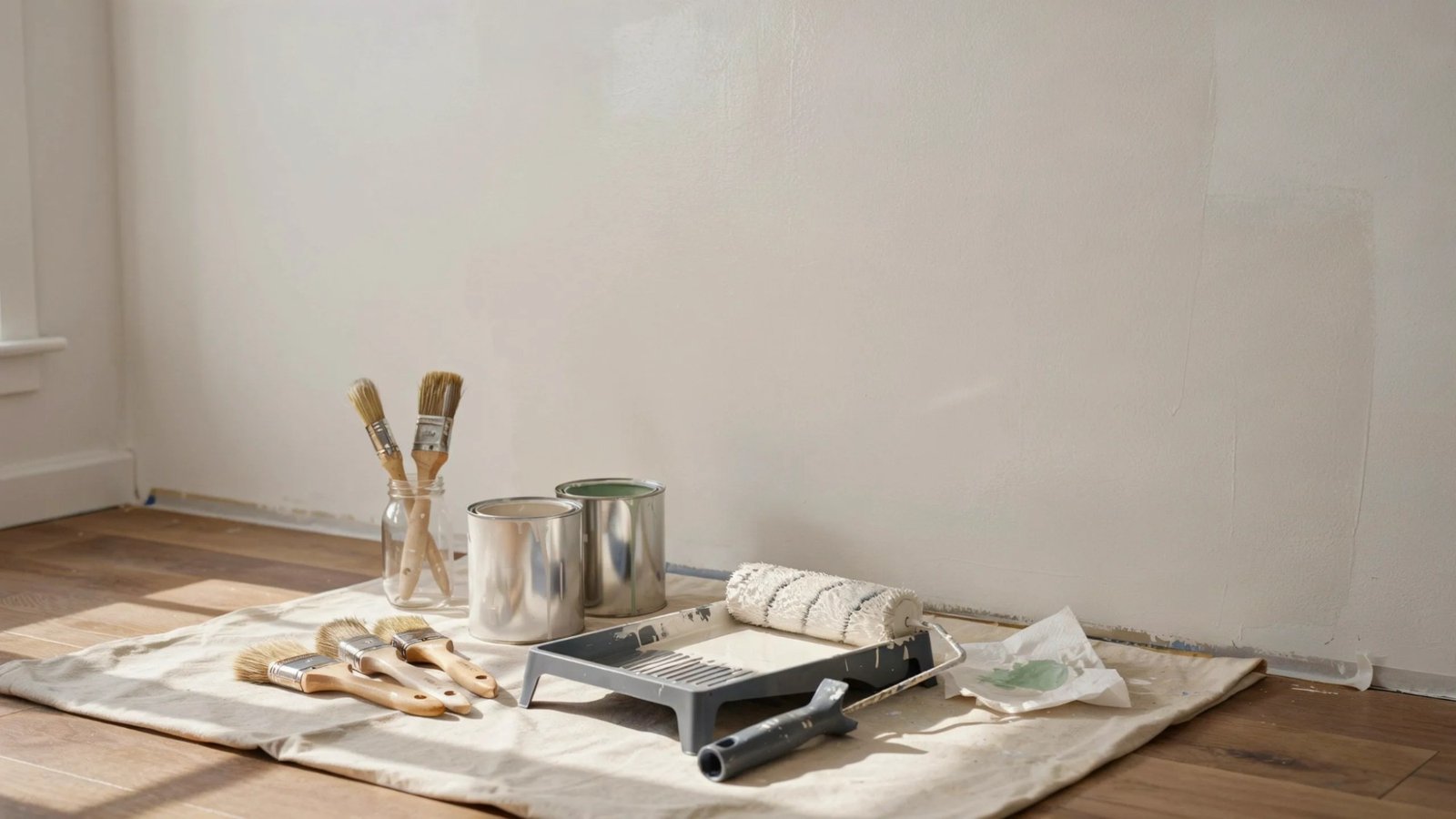 Water-based paint supplies and freshly painted surface used in a home improvement project.